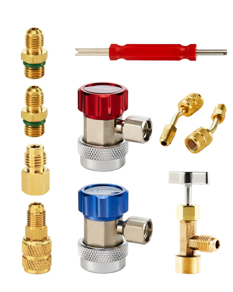 Orion Motor Tech AC Adapter Tool Kit, 8-Piece AC Gauge Hose Conversion Adapters Including R134A Can Tap, R134A Quick Couplers, R410 Adapters, Tank Adapter and Valve Core Remover - Image 1